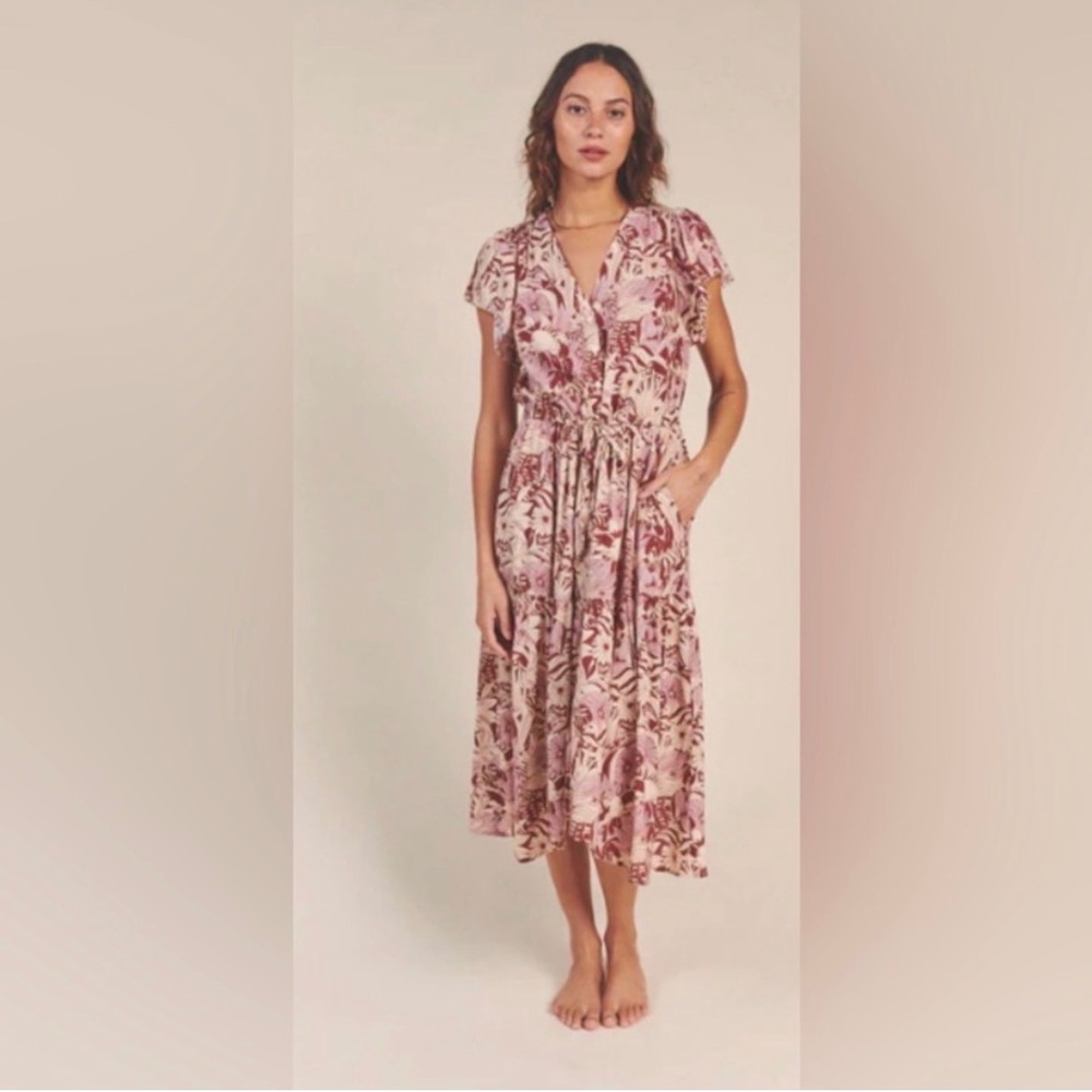 Birds of Paradis by Trovata Kristi Midi Dress in Canela Palm Floral Flutter XS